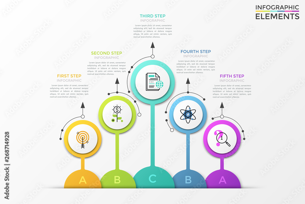 Five colorful circular elements with thin line symbols inside and ...