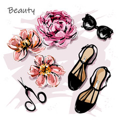 Hand drawn cute set with flowers, sunglasses, shoes and scissors. Beautiful female accessories. Sketch. Vector illustration.