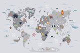 Fototapeta Mapy - World map with wild animals living on various continents and in oceans. Cute cartoon mammals, reptiles, birds, fish inhabiting planet. Flat colorful vector illustration for educational poster, banner.