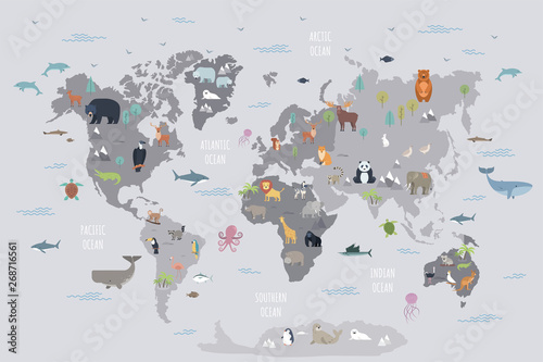 Naklejka na meble World map with wild animals living on various continents and in oceans. Cute cartoon mammals, reptiles, birds, fish inhabiting planet. Flat colorful vector illustration for educational poster, banner.