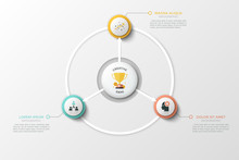Circular Diagram With Golden Champion Bowl In Center, Arrows Pointing Outside At 3 Round Elements With Linear Pictograms And Text Boxes. Unusual Infographic Design Template. Vector Illustration.
