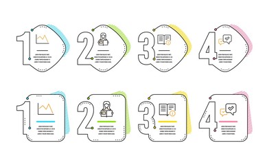 Poster - woman read, technical info and line chart icons simple set. approve sign. girl studying, documentati