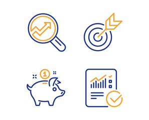 Poster - saving money, analytics and target icons simple set. checked calculation sign. piggy bank, audit ana