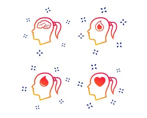 Wall Mural - Head with brain icon. Female woman think symbols. Blood drop donation signs. Love heart. Random dynamic shapes. Gradient head icon. Vector