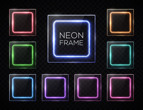 Shining glass texture square banners set. Rectangle frames with led halogen lamp. Reflection effect. Technology signs with blank text place on transparent background. Hud design vector illustration.