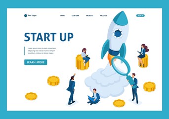 Poster - isometric concept of investing in startups, rocket launch, young entrepreneurs. template landing pag