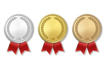 vector 3d realistic gold, silver and bronze award medal icon set with color ribbons closeup isolated