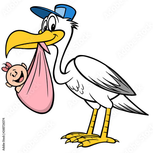 Stork Delivering A Baby Girl A Cartoon Illustration Of A Stork