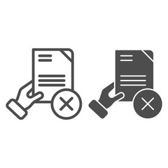 Poster - Document fail line and glyph icon. Quality control fail vector illustration isolated on white. Hand holding paper outline style design, designed for web and app. Eps 10.