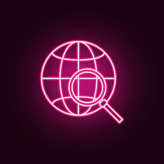 Poster - globe and magnifier neon icon. Elements of Navigation set. Simple icon for websites, web design, mobile app, info graphics