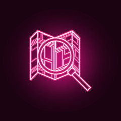 Poster - magnifier and map neon icon. Elements of Navigation set. Simple icon for websites, web design, mobile app, info graphics