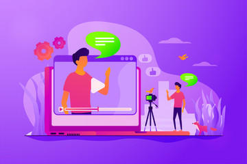 Sticker - Cartoon blogger streaming online outdoors. Male influencer shooting video tutorial. Video blog, vlog popularity, video blog monetization concept. Vector isolated concept creative illustration