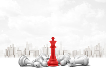 3d rendering of red chess king with white chess pieces lying on white city skyscrapers background