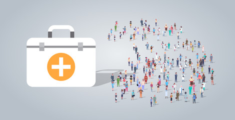 Poster - medicine first aids kit near people group different occupation employees mix race workers crowd healthcare concept horizontal full length flat