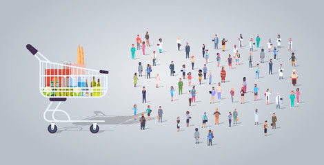 Poster - people group near trolley card with groceries different occupation employees mix race workers crowd grocery shopping food delivery concept horizontal full length flat