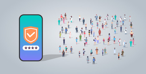 Poster - people group using mobile app data privacy security concept different occupation employees mix race workers crowd application protection smartphone screen horizontal full length flat
