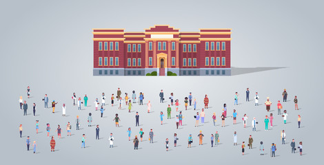 Poster - people group in front of school building different occupation employees mix race workers crowd education concept horizontal full length flat