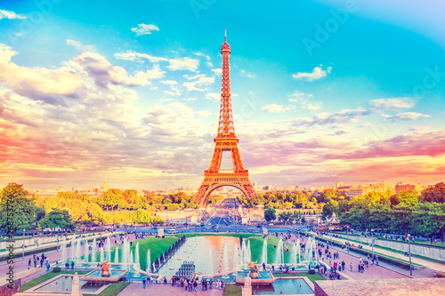 Eiffel Tower And Fountain At Jardins Du Trocadero Paris France Travel Background With Retro Vintage Instagram Filter Stock Photo Adobe Stock