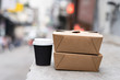 Take Out Box from Cardboard and Cup of Coffee. Blank Take away Container and Paper Coffee Cup Mock-up. Close up Empty Presentation Template.