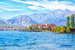 Isola Dei Pescatori Island on the beautiful Lake Lago Maggiore in the background of the Alps mountains, Stresa, Italy