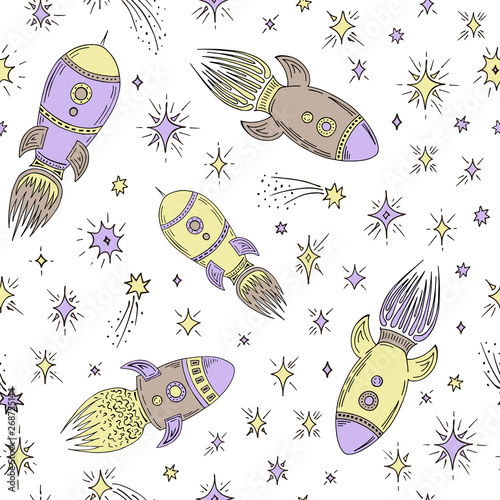rakieta-i-gwiazdy-wzor-wielobarwne-recznie-rysowane-szkice-ilustracji-wektorowych-w-stylu-cartoon