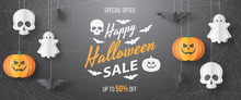 Happy Halloween Sale Vector Banner. Paper Cut Style. Vector Illusration