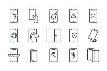 Poster - mobile phone repair related line icon set. smartphone protection linear icons. cell phone problems o