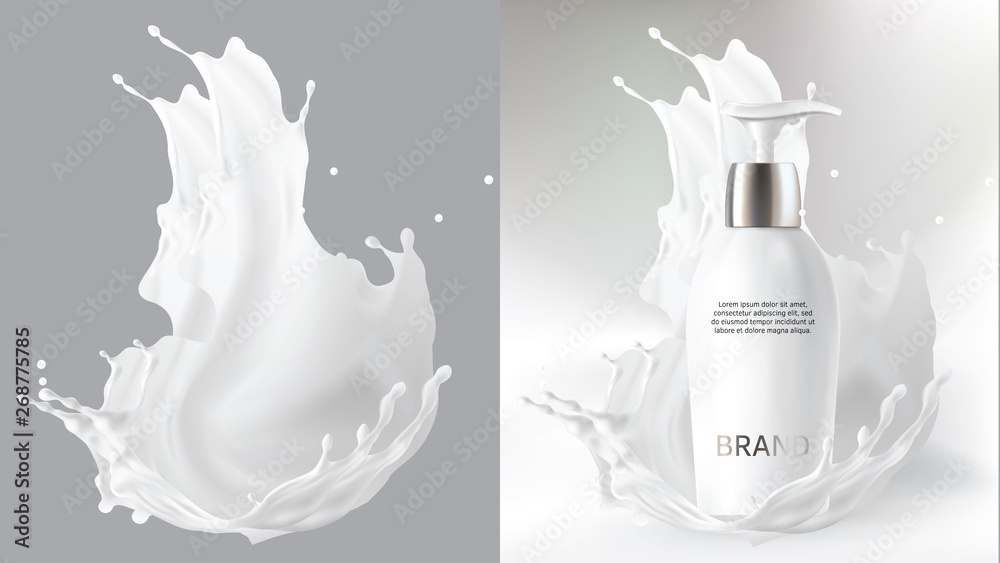 Milk cosmetics realistic vector blurred background. Skin care cosmetic product, body lotion in white bottle with silver dispenser and milk splash, crown isolated on gray. Mock-up promo poster - obrazy, fototapety, plakaty 
