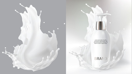 milk cosmetics realistic vector blurred background. skin care cosmetic product, body lotion in white