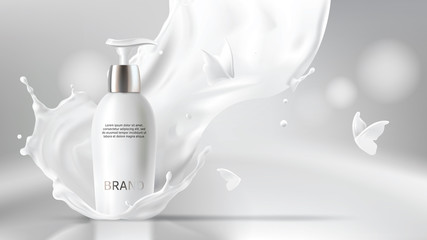 Milk cosmetics realistic vector blurred background. Skin care cosmetic product, body lotion in white bottle with silver dispenser in milk splash, crown with flying butterflies Mock-up promo poster