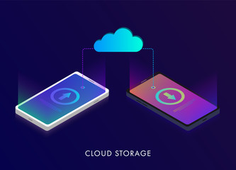 Poster - 3D isometric flat design of cloud storage technology, transferring data securely over the internet from device to device. Vector illustration.