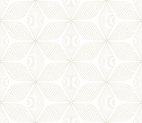 Modern simple geometric vector seamless pattern with gold flowers, line texture on white background. Light abstract floral wallpaper, bright tile ornament