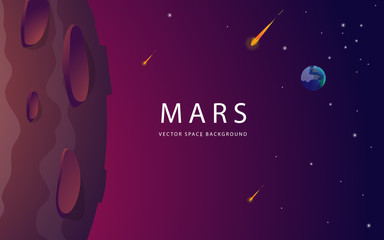 Wall Mural - Red planet landscape vector illustration. Space background with place for text. Surface of the planet with craters. Space decoration for your design. Stars and comets on dark background