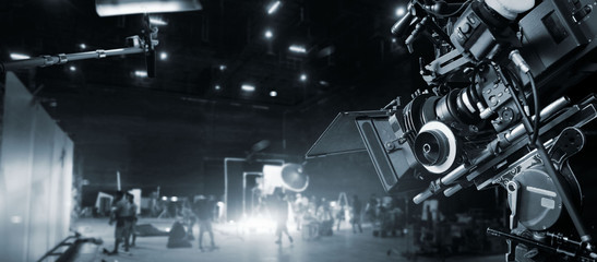 Poster - Behind the scenes of making of movie and TV commercial. Film Crew .B-roll. Camera of movie and video production and crew team in studio and set. Black and white.