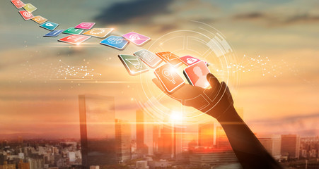 Poster - Hands holding icon payments, Digital marketing. Banking network. Online shopping and icon customer networking connection on city sunset background, Business technology concept.