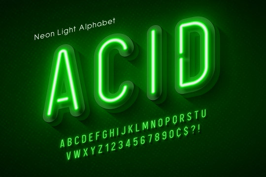 Neon light alphabet, multicolored extra glowing font.