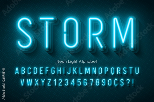 Neon light alphabet, multicolored extra glowing font. Tablou Canvas