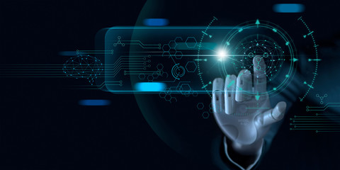 Fototapete - Machine learning. Hand of robot touching on binary data. Futuristic Artificial intelligence (AI). Deep Learning. Brain representing. Algorithm and innovative. Neural Network. Big data visualization.