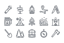 Camping Activities Related Line Icon Set. Travel Linear Icons. Camp Survivals Outline Vector Sign Collection.