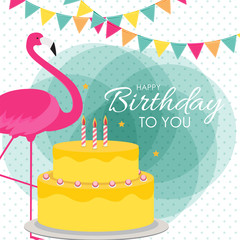 Wall Mural - Happy Birthday Poster Background with Cake Colorful and Cartoon Pink Flamingo. Vector Illustration