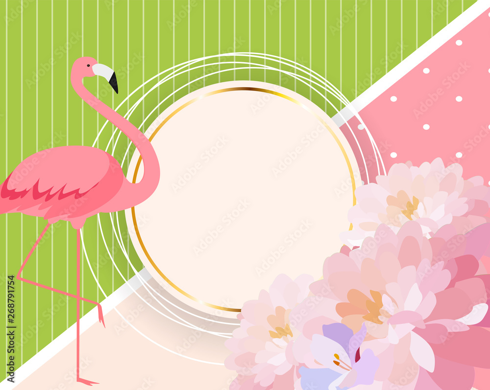 Colorful Card Template with Cartoon Pink Flamingo and Flowers. Vector ...