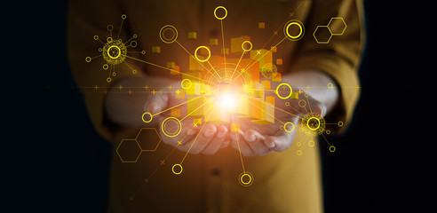 Leinwandbilder - Hands holding global network connection. Blockchain technology. Data exchange. Big data stream futuristic, linking, cloud computing, internet communication and social media.