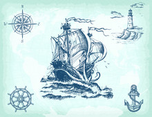 Abstract Hand Drawn Background With Vintage Sailing Ship, Compass, Lighthouse, Ship Wheel, Anchor And World Map On Old Craft Paper Texture. Template For Your Design Works. 