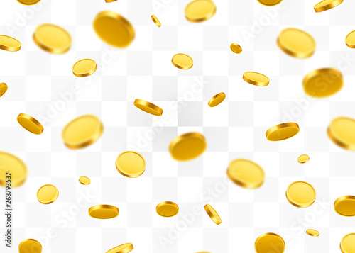 Fotografía Falling coins, falling money, flying gold coins, golden rain