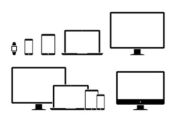 Poster - electronic devices, web design vector template with laptop, tablet, smartphone, computer. flat desig