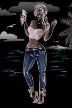 Fashion Woman With Ice Cream Make A Picture At The Night Beach. Black Summer Backround, Girl Wearing Jeans, Vector Background
