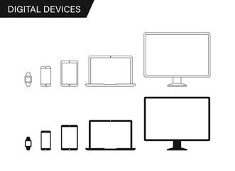 Poster - electronic devices, web design vector template with laptop, tablet, smartphone, computer. flat desig