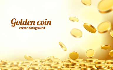 Falling coins, falling money, flying gold coins, golden rain. Jackpot or success concept. Modern background.