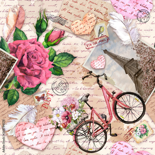 Dekoracja na wymiar  odrecznie-napisane-listy-serca-rower-z-kwiatami-w-koszu-vintage-zdjecie-wiezy-eiffla-kwiaty-rozy-znaczki-pocztowe-piora-wzor-o-milosci-francja-paryz