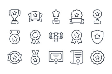 Poster - Award trophy related line icon set. Prize cup and reward outline collection. Diploma and medals vector linear icons.